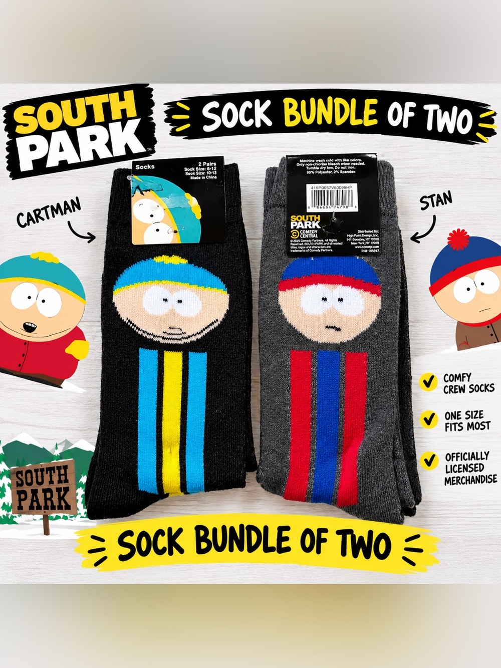South Park Sock Bundle (2) Black & Gray Character Accent New